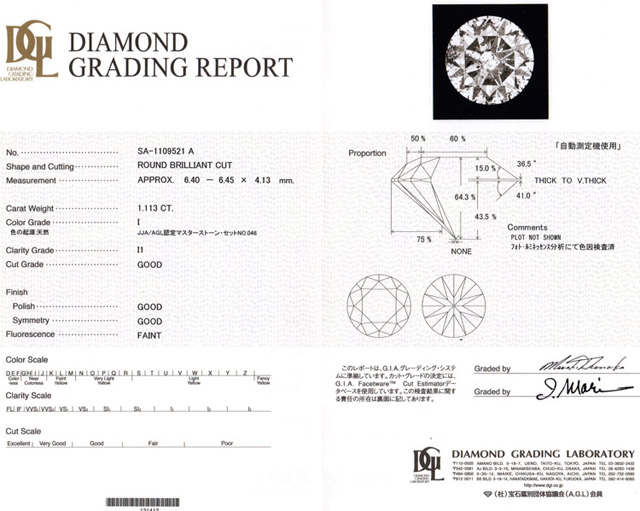 ダイヤモンド鑑定書　1.113ct I I1 G