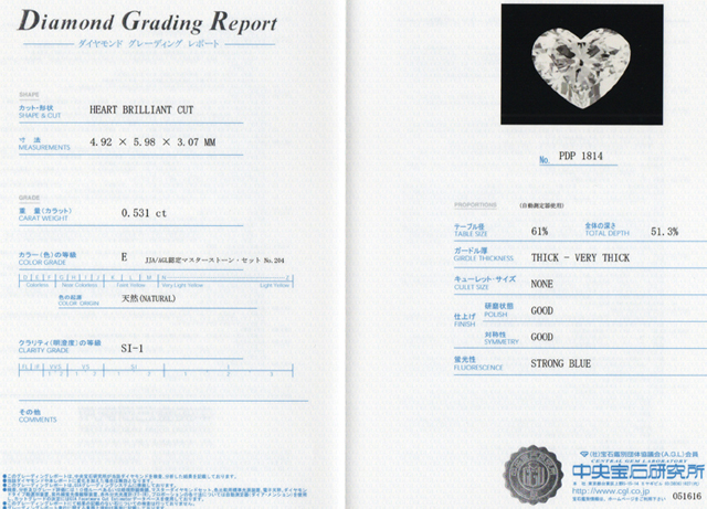 ダイヤモンド鑑定書　0.531ct E SI1