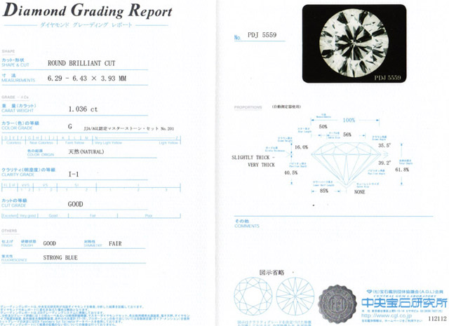 ダイヤモンド鑑定書　1.036ct G I1 G 